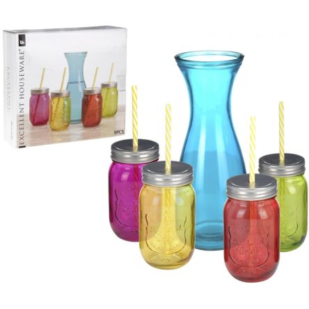 Multicolor Glass Pitcher With 4 Jars and Straws