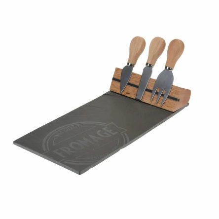 Set Cheese Plate Slate And Bamboo With 3 Cheese Knives