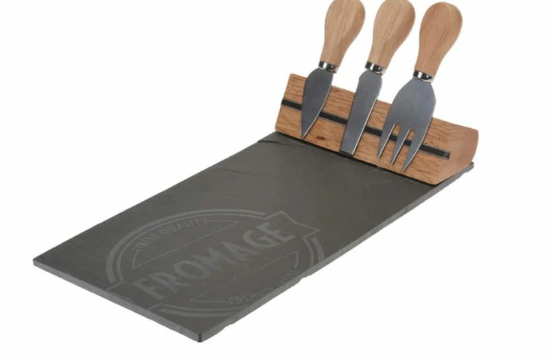 Set Cheese Plate Slate And Bamboo With 3 Cheese Knives