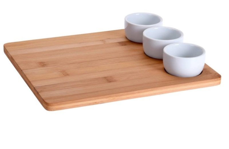 Snack Serving Set 4 pcs, bamboo Board with 3 Bowls